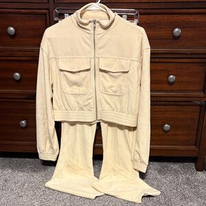 Aerie Cream zip up Jacket and Flare Pants set XS